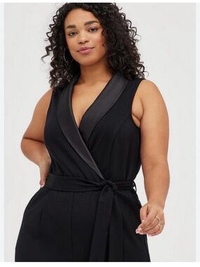 Torrid Studio Tuxedo Jumpsuit Black Satin Accent Wide Leg Plus Size 30